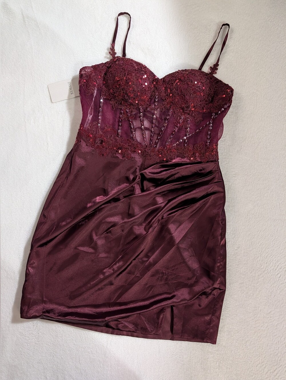 NWT Red Burgundy Corset Dress, Lace & Sequin & Slit, Adjustable Straps, Size 6